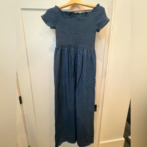 Francesca’s chambray off-the-shoulder jumpsuit with pockets! Medium. NWT.